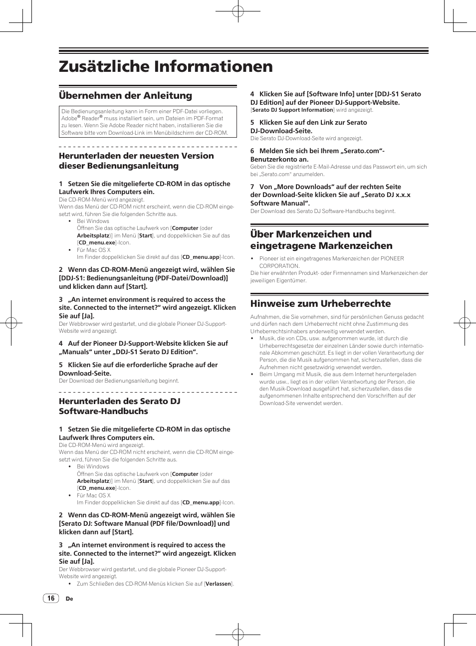 Zusätzliche informationen, Übernehmen der anleitung, Über markenzeichen und eingetragene markenzeichen | Hinweise zum urheberrechte | Pioneer DDJ-S1 User Manual | Page 56 / 124