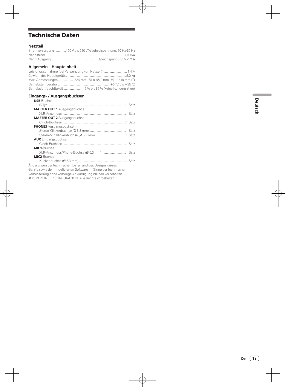 Technische daten | Pioneer DDJ-S1 User Manual | Page 57 / 124