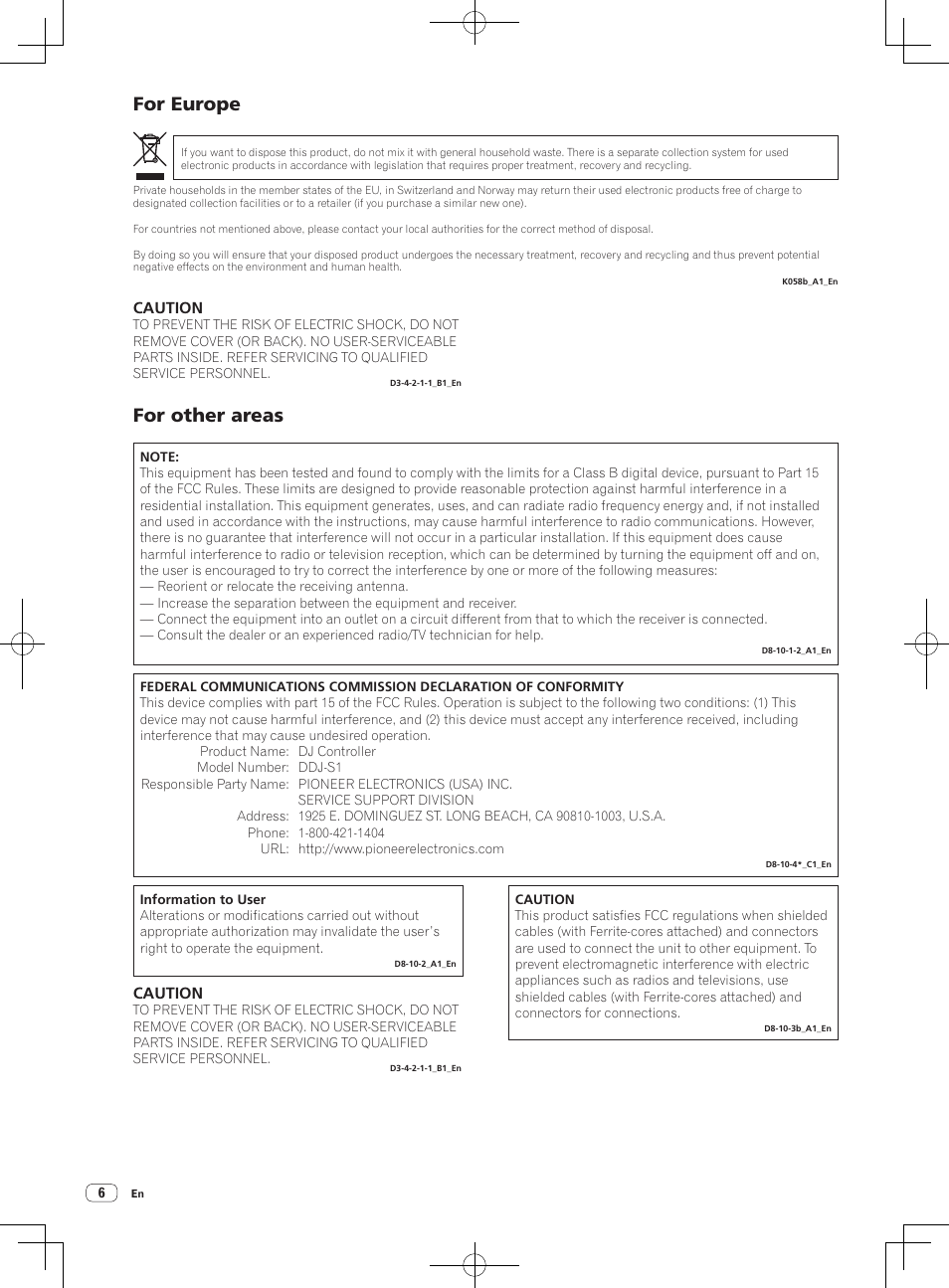 For other areas, For europe, Caution | Pioneer DDJ-S1 User Manual | Page 6 / 124