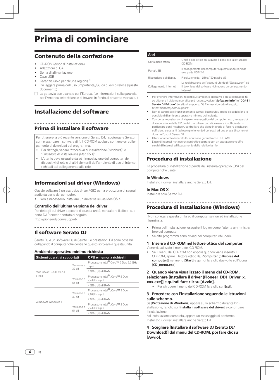 Prima di cominciare, Contenuto della confezione, Installazione del software | Prima di installare il software, Informazioni sul driver (windows), Il software serato dj, Procedura di installazione, Procedura di installazione (windows) | Pioneer DDJ-S1 User Manual | Page 60 / 124