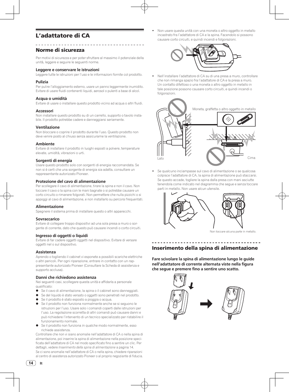 L’adattatore di ca, Norme di sicurezza, Inserimento della spina di alimentazione | Pioneer DDJ-S1 User Manual | Page 70 / 124