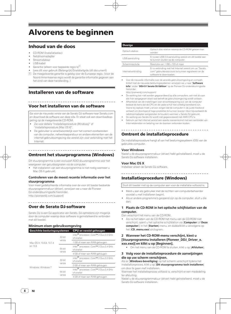 Alvorens te beginnen, Inhoud van de doos installeren van de software, Inhoud van de doos | Installeren van de software, Voor het installeren van de software, Omtrent het stuurprogramma (windows), Over de serato dj-software, Omtrent de installatieprocedure, Installatieprocedure (windows) | Pioneer DDJ-S1 User Manual | Page 76 / 124