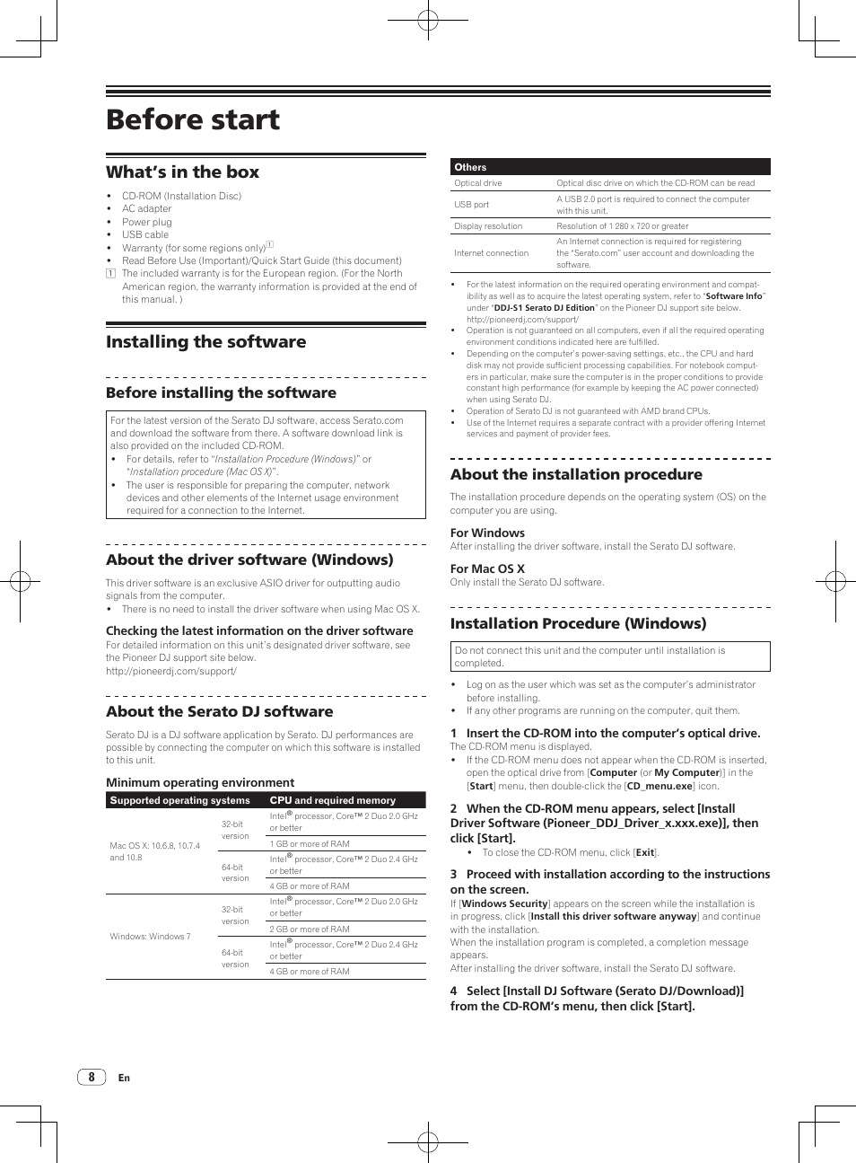 Before start, What’s in the box installing the software, What’s in the box | Installing the software, Before installing the software, About the driver software (windows), About the serato dj software, About the installation procedure, Installation procedure (windows) | Pioneer DDJ-S1 User Manual | Page 8 / 124