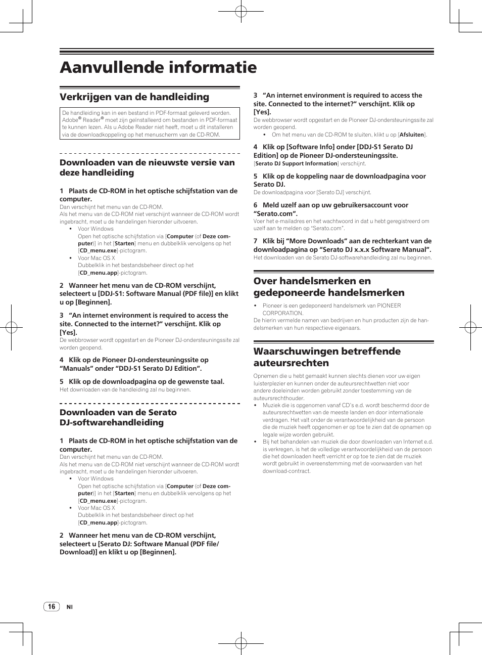 Aanvullende informatie, Verkrijgen van de handleiding, Over handelsmerken en gedeponeerde handelsmerken | Waarschuwingen betreffende auteursrechten | Pioneer DDJ-S1 User Manual | Page 88 / 124