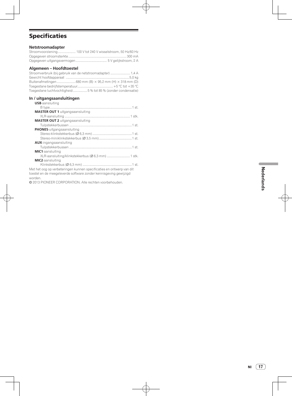 Specificaties | Pioneer DDJ-S1 User Manual | Page 89 / 124