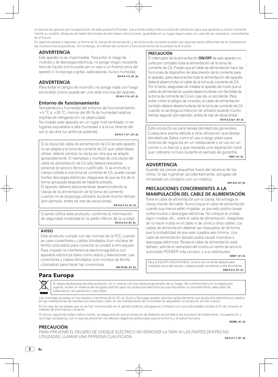 Para europa, Advertencia, Entorno de funcionamiento | Precaución | Pioneer DDJ-S1 User Manual | Page 90 / 124