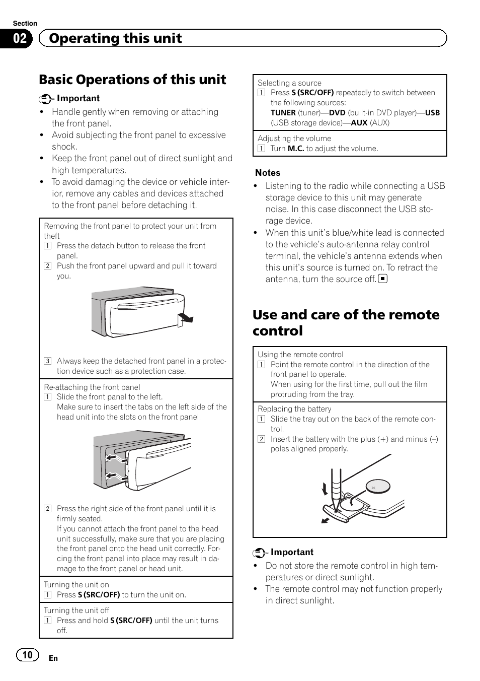 Basic operations of this unit, Use and care of the remote control, 02 operating this unit | Pioneer DVH-330UB User Manual | Page 10 / 40