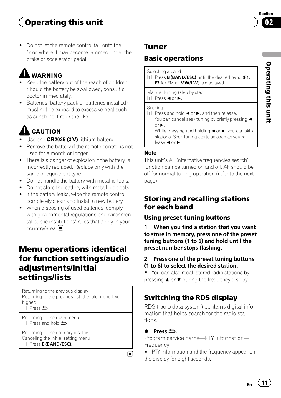 Menu operations identical for function, Settings/audio adjustments/initial settings/ lists, Tuner | Basic operations 11, Storing and recalling stations for each, Band, Switching the rds display 11, Operating this unit, Basic operations, Storing and recalling stations for each band | Pioneer DVH-330UB User Manual | Page 11 / 40