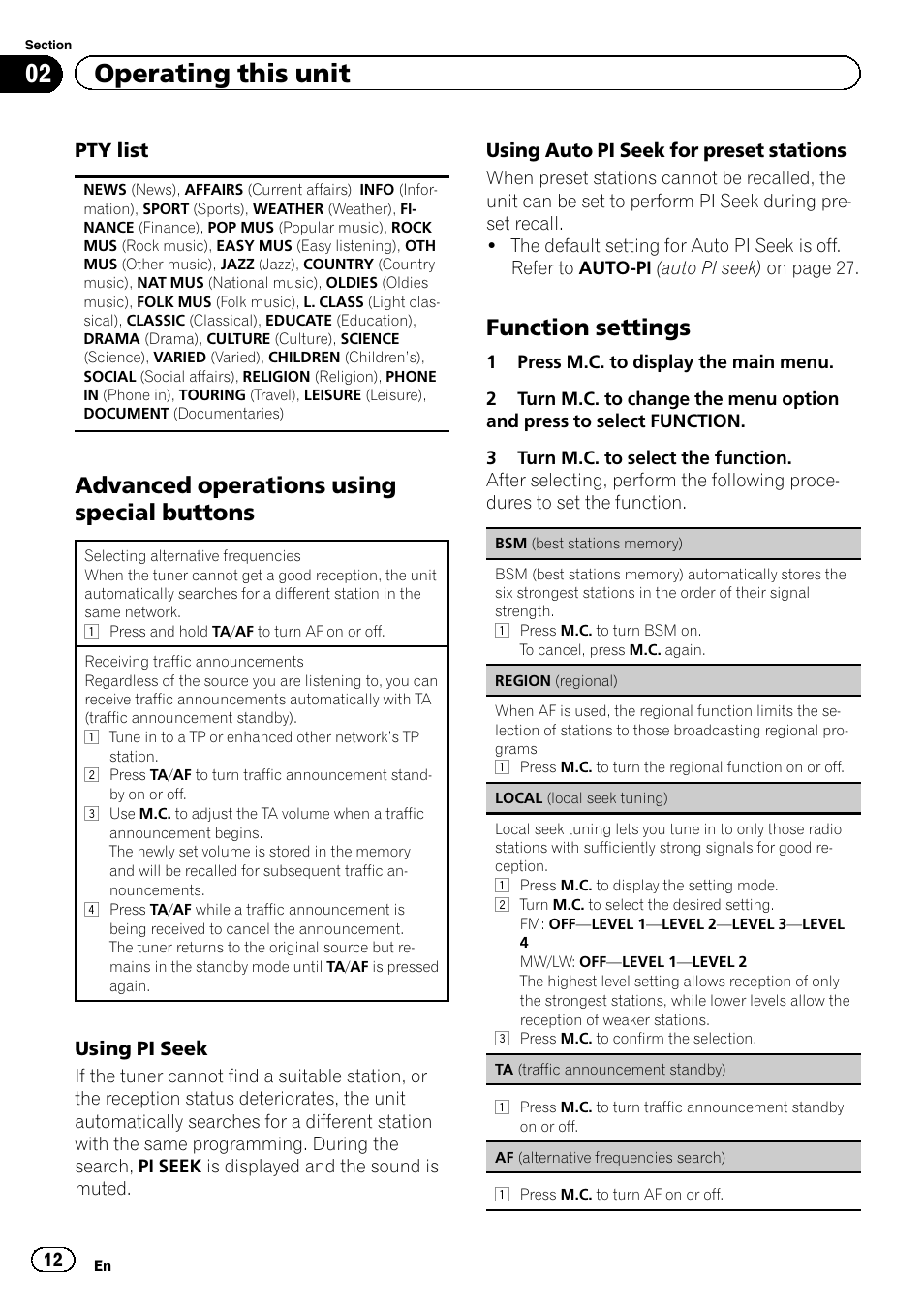 Advanced operations using special, Buttons, Function settings 12 | 02 operating this unit, Advanced operations using special buttons, Function settings | Pioneer DVH-330UB User Manual | Page 12 / 40