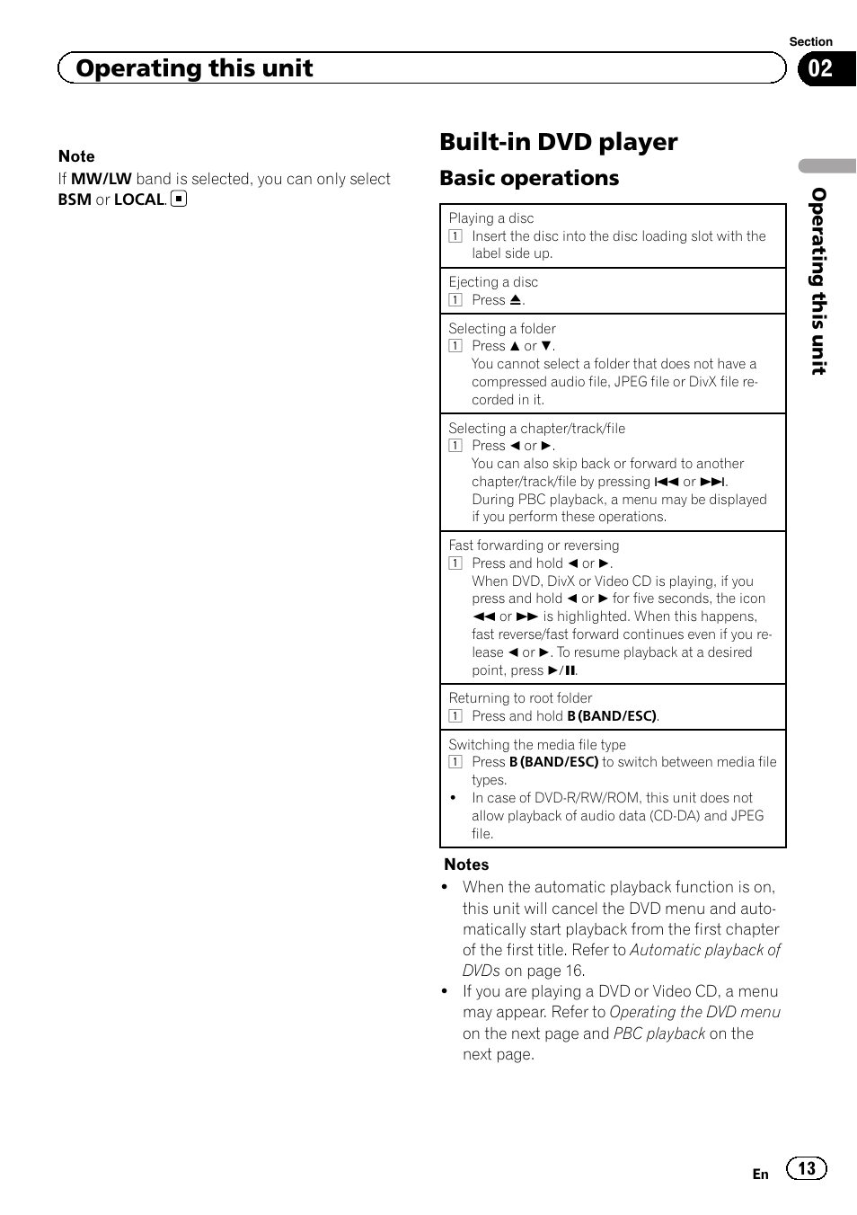 Built-in dvd player, Basic operations 13, Operating this unit | Basic operations | Pioneer DVH-330UB User Manual | Page 13 / 40