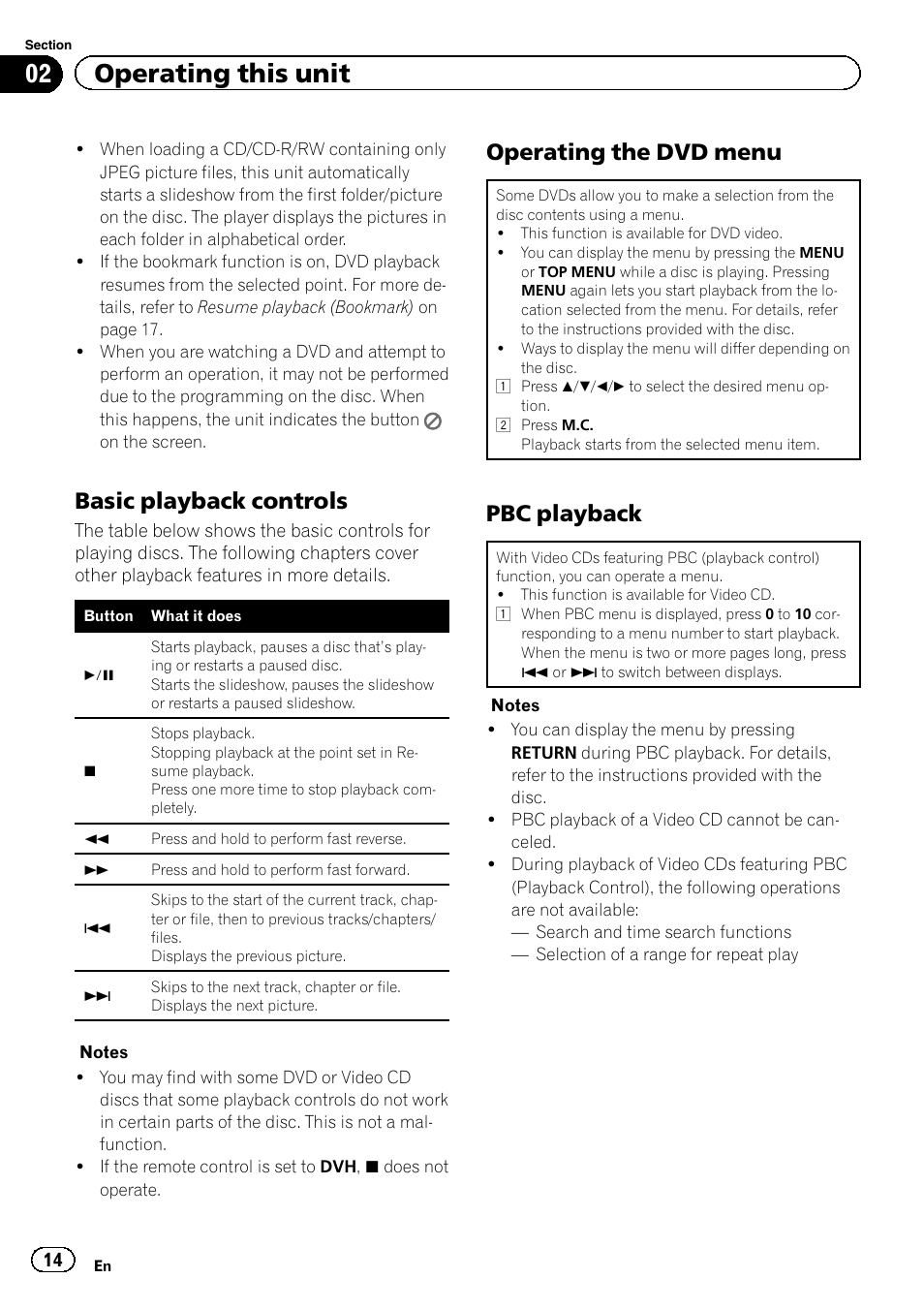 Basic playback controls 14, Operating the dvd menu 14, Pbc playback 14 | 02 operating this unit, Basic playback controls, Operating the dvd menu, Pbc playback | Pioneer DVH-330UB User Manual | Page 14 / 40