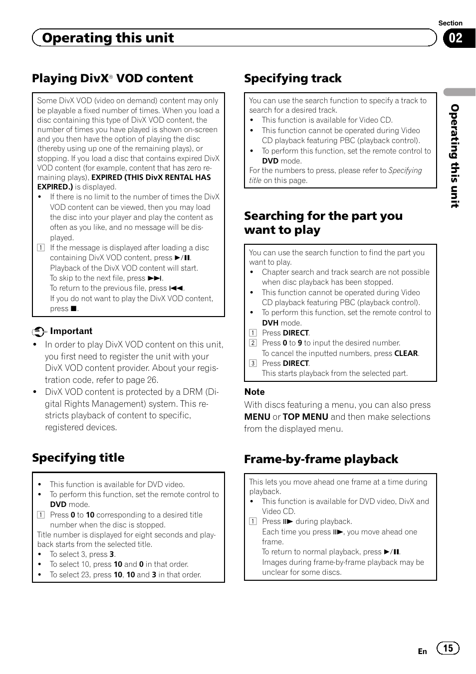 Playing divxâ vod content 15, Specifying title 15, Specifying track 15 | Searching for the part you want to, Play, Frame-by-frame playback 15, Playing divx, Vod content, Specifying title, Specifying track | Pioneer DVH-330UB User Manual | Page 15 / 40