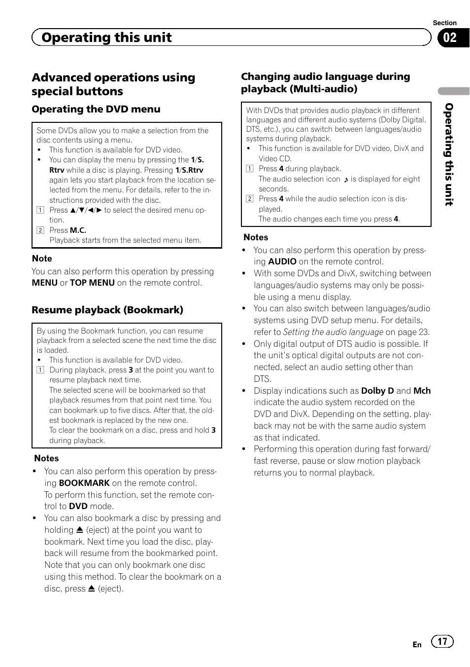 Advanced operations using special, Buttons, Advanced operations using special buttons | Operating this unit | Pioneer DVH-330UB User Manual | Page 17 / 40