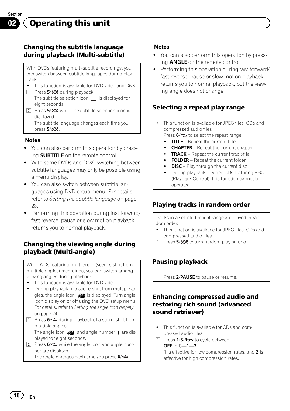 02 operating this unit, Selecting a repeat play range, Playing tracks in random order | Pausing playback | Pioneer DVH-330UB User Manual | Page 18 / 40