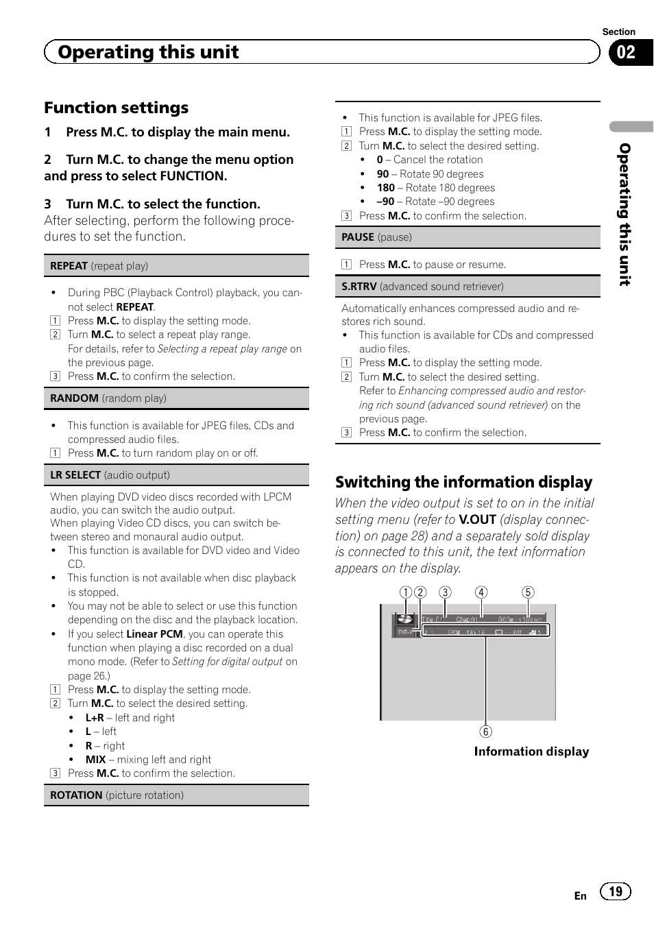 Function settings 19, Switching the information display 19, Function settings | Switching the information display, Operating this unit | Pioneer DVH-330UB User Manual | Page 19 / 40