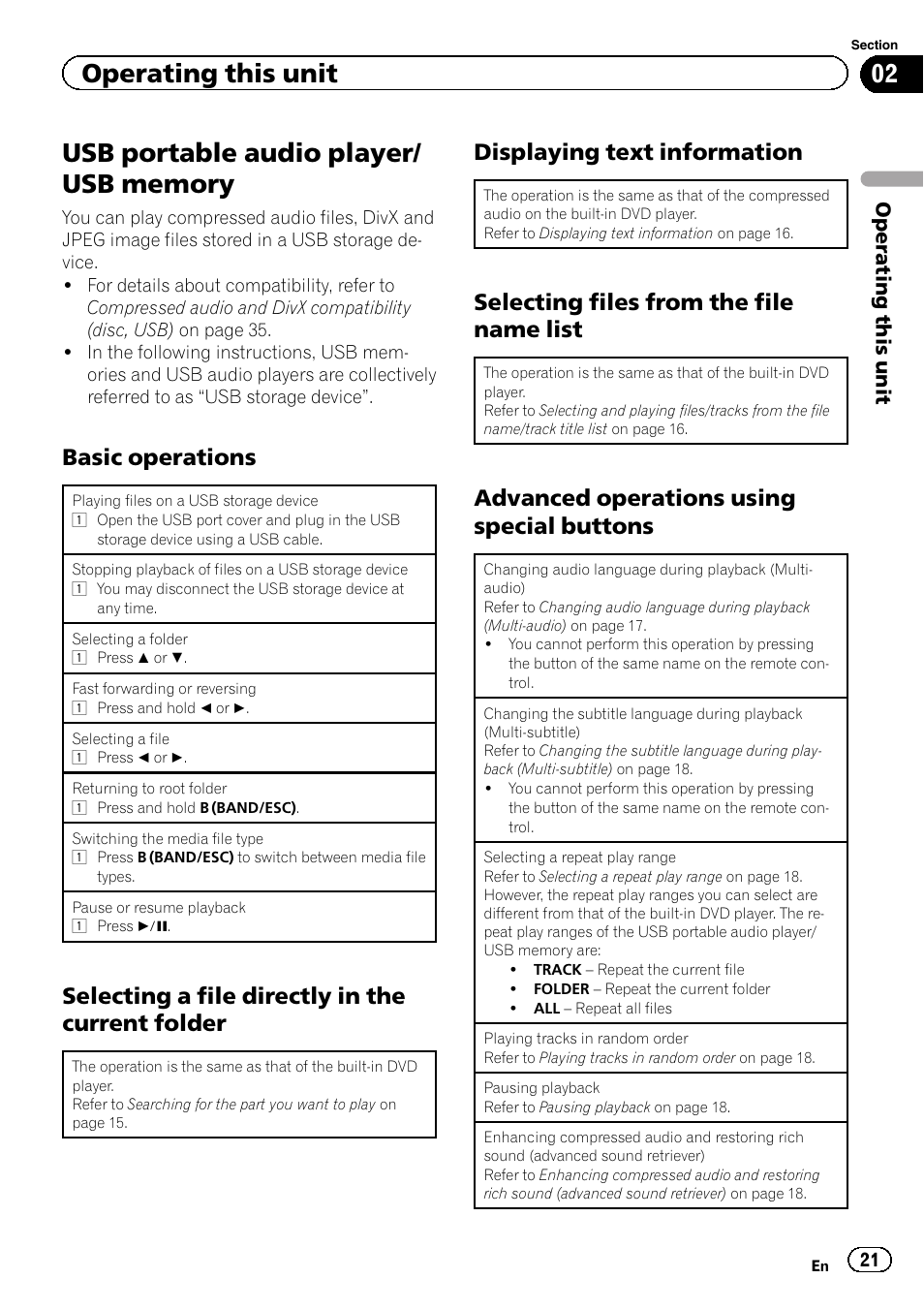 Usb portable audio player/usb memory, Basic operations 21, Selecting a file directly in the current | Folder, Displaying text information 21, Selecting files from the file name, List, Advanced operations using special, Buttons, Operating this unit | Pioneer DVH-330UB User Manual | Page 21 / 40