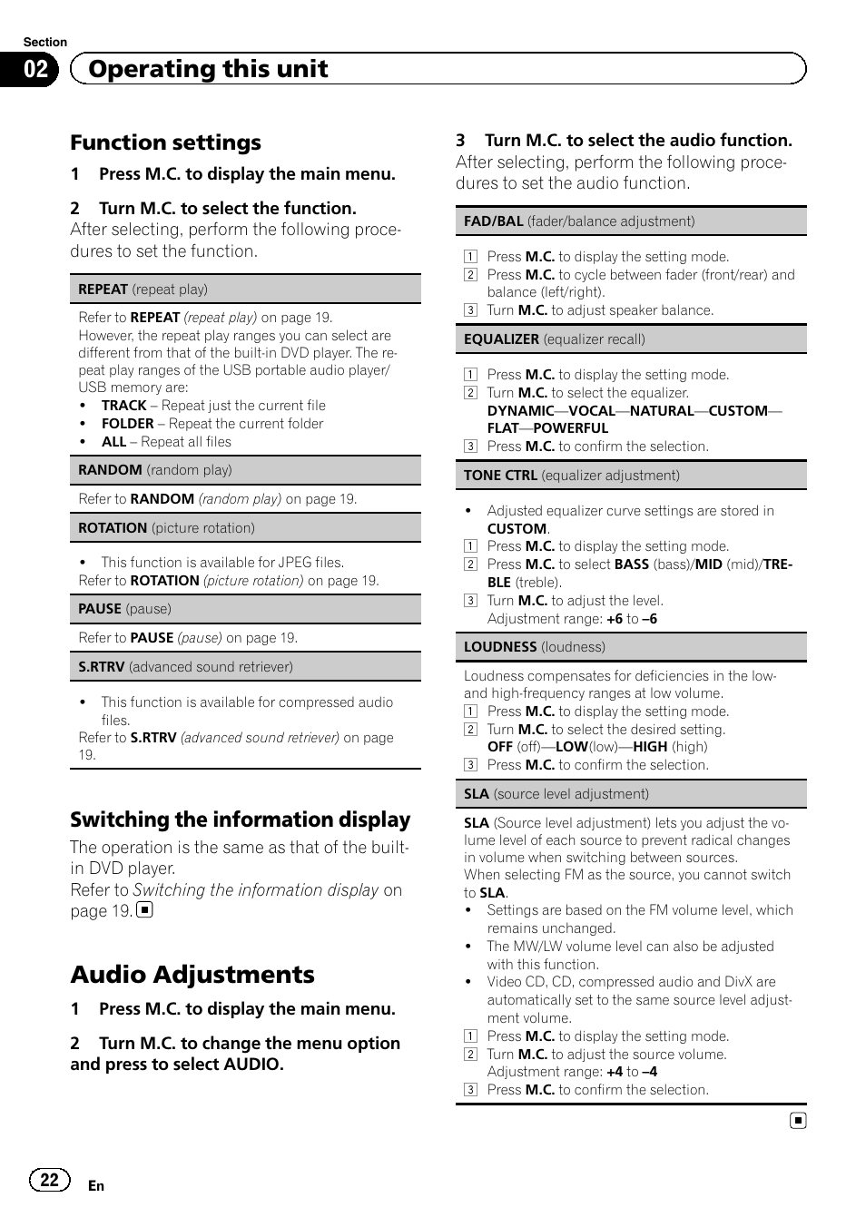 Function settings 22, Switching the information display 22, Audio adjustments | 02 operating this unit, Function settings, Switching the information display | Pioneer DVH-330UB User Manual | Page 22 / 40