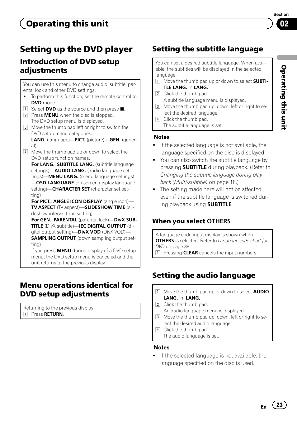 Setting up the dvd player, Introduction of dvd setup, Adjustments | Menu operations identical for dvd, Setup adjustments, Setting the subtitle language 23, Setting the audio language 23, Introduction of dvd setup adjustments, Setting the subtitle language, Setting the audio language | Pioneer DVH-330UB User Manual | Page 23 / 40