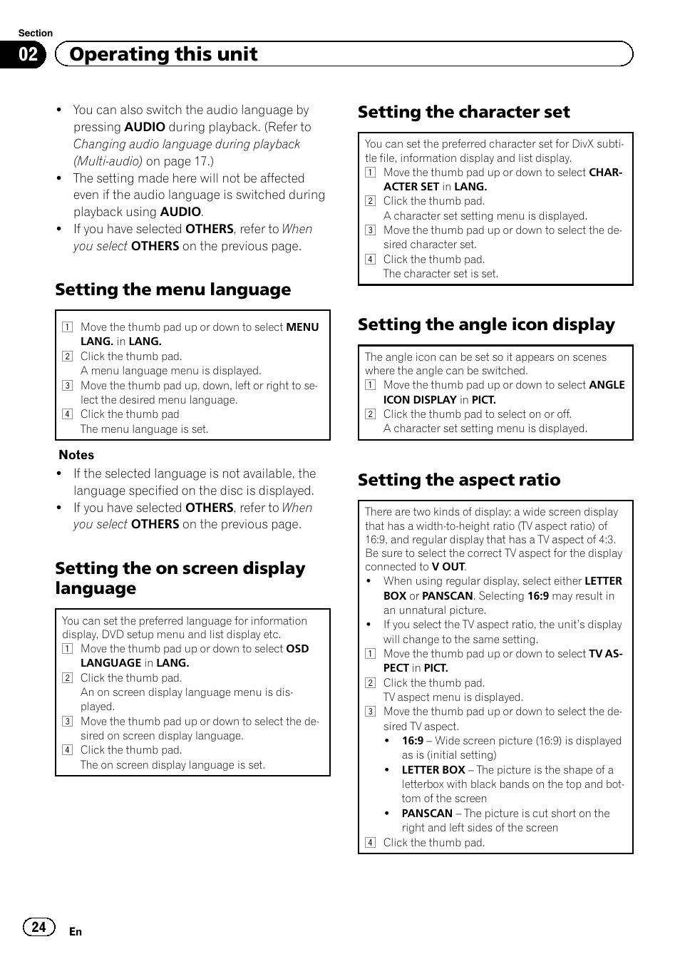 Setting the menu language 24, Setting the on screen display, Language | Setting the character set 24, Setting the angle icon display 24, Setting the aspect ratio 24, 02 operating this unit, Setting the menu language, Setting the on screen display language, Setting the character set | Pioneer DVH-330UB User Manual | Page 24 / 40