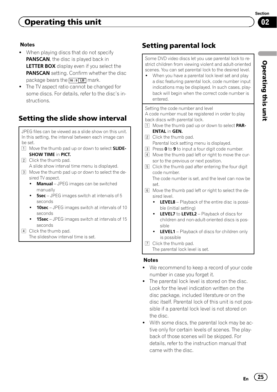 Setting the slide show interval 25, Setting parental lock 25, Setting the slide show interval | Setting parental lock, Operating this unit | Pioneer DVH-330UB User Manual | Page 25 / 40