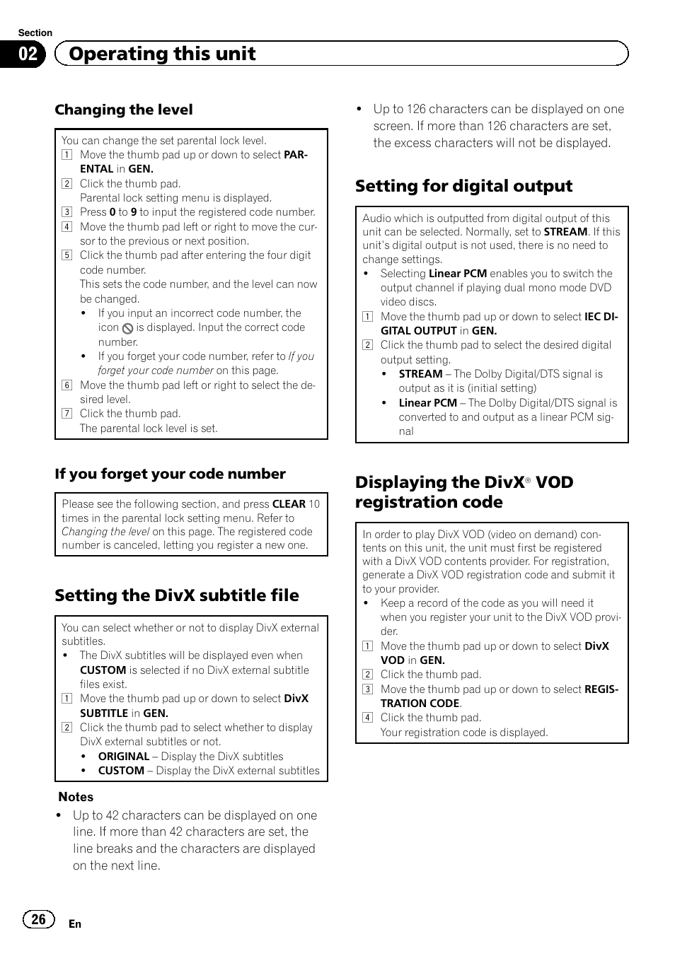 Setting the divx subtitle file 26, Setting for digital output 26, Displaying the divxâ vod registration | Code, 02 operating this unit, Setting the divx subtitle file, Setting for digital output, Displaying the divx, Vod registration code, Changing the level | Pioneer DVH-330UB User Manual | Page 26 / 40