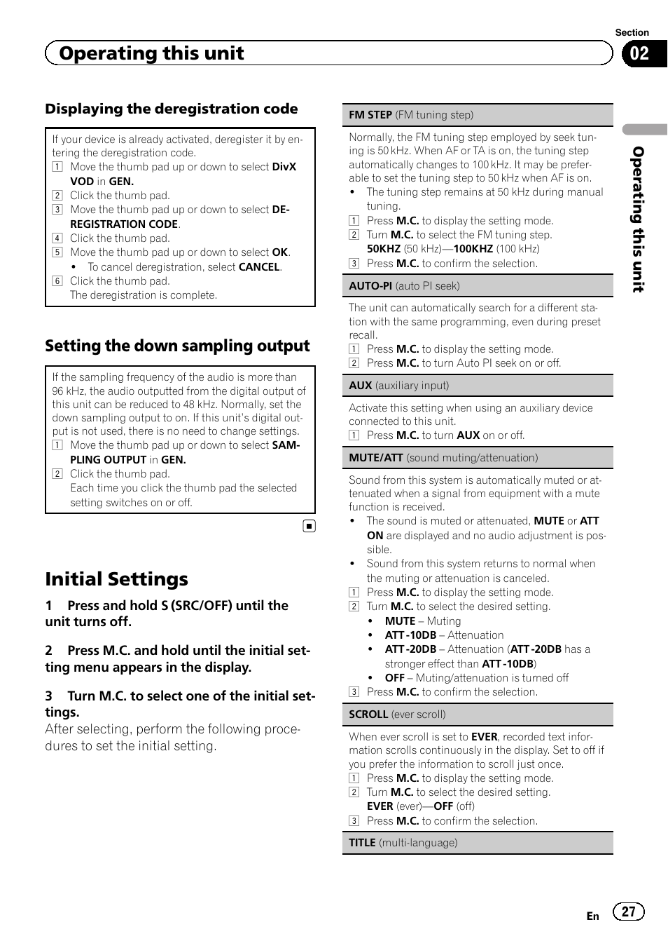 Setting the down sampling output 27, Initial settings, Setting the down sampling output | Operating this unit, Displaying the deregistration code | Pioneer DVH-330UB User Manual | Page 27 / 40