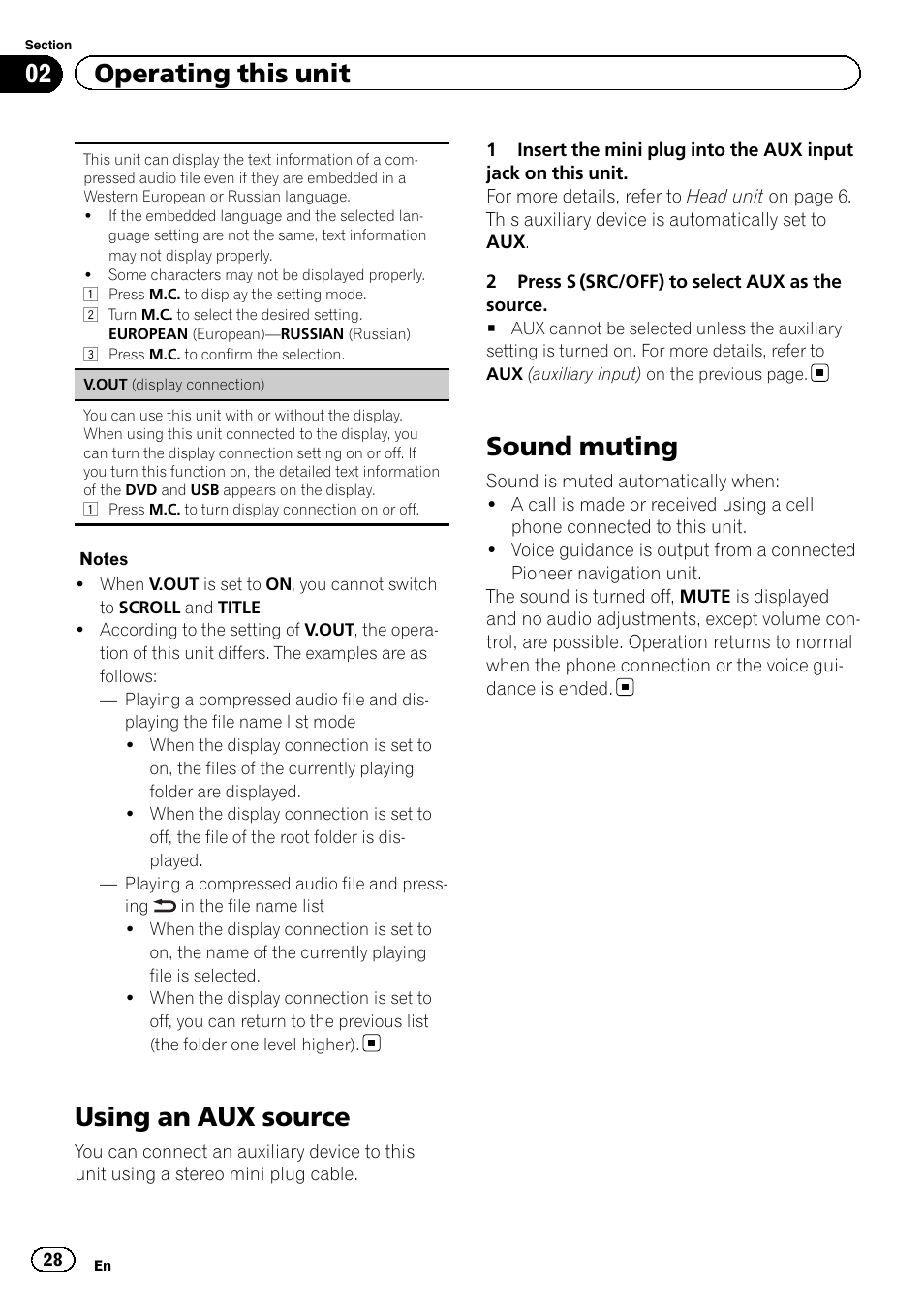 Using an aux source, Sound muting, V.out (display connec | 02 operating this unit | Pioneer DVH-330UB User Manual | Page 28 / 40