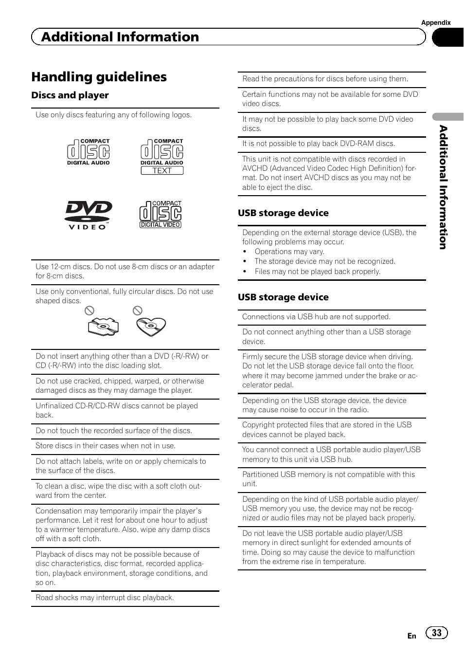 Handling guidelines 33, Handling guidelines, Additional information | Pioneer DVH-330UB User Manual | Page 33 / 40