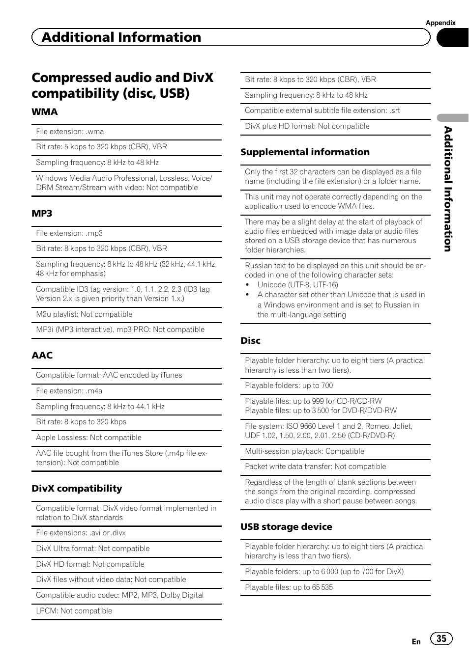 Compressed audio and divx compatibility, Disc, usb), Additional information | Pioneer DVH-330UB User Manual | Page 35 / 40