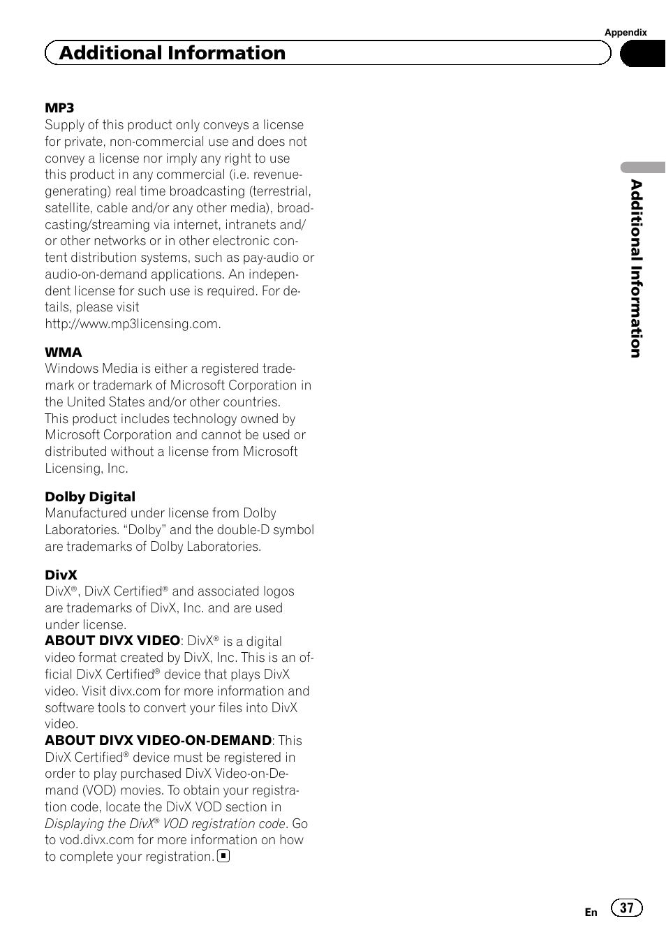 Additional information | Pioneer DVH-330UB User Manual | Page 37 / 40
