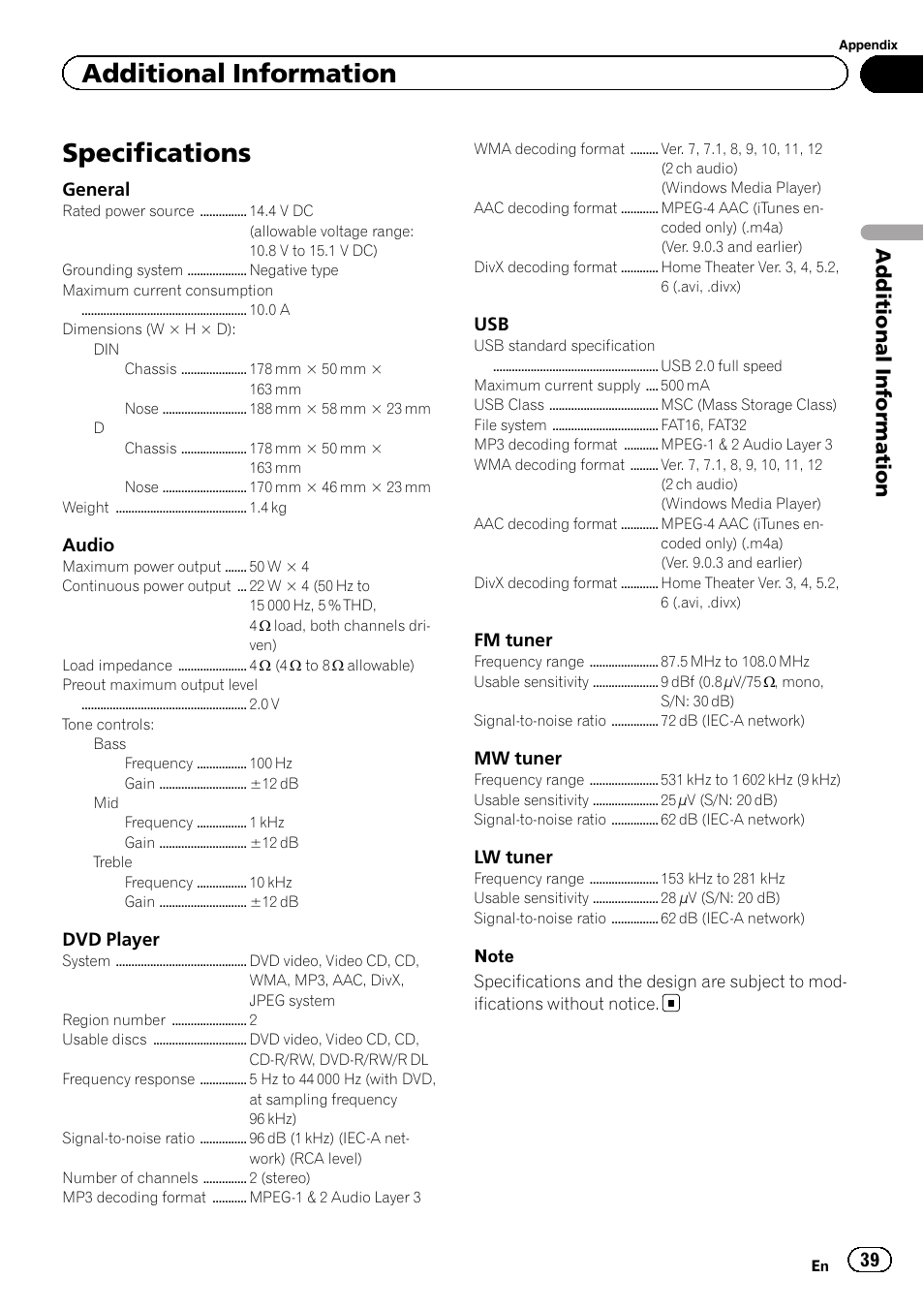 Specifications, Additional information | Pioneer DVH-330UB User Manual | Page 39 / 40