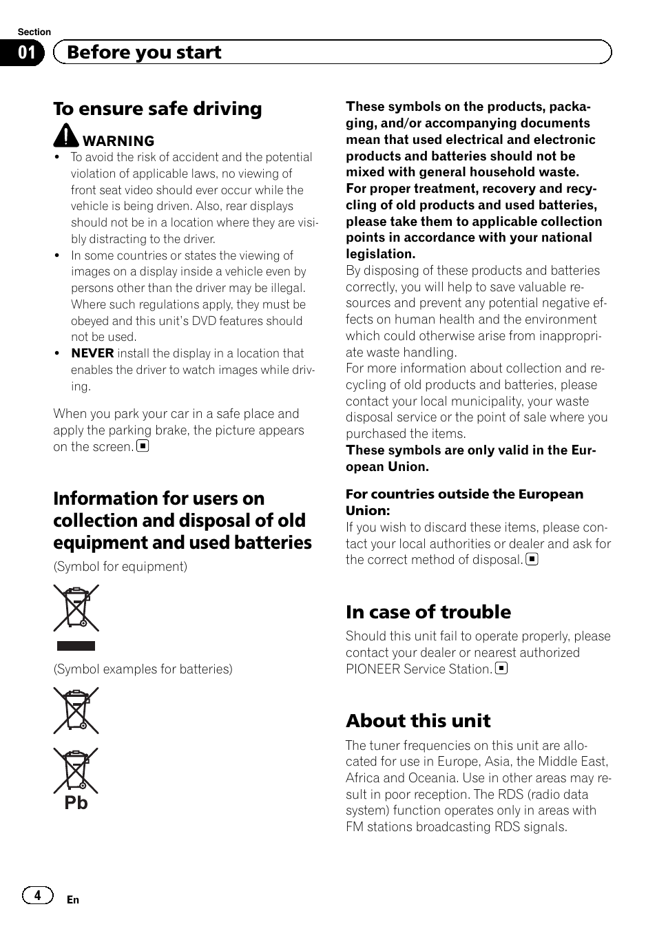 Before you start to ensure safe driving, Information for users on collection and, Disposal of old equipment and used batteries | In case of trouble, About this unit, 01 before you start | Pioneer DVH-330UB User Manual | Page 4 / 40