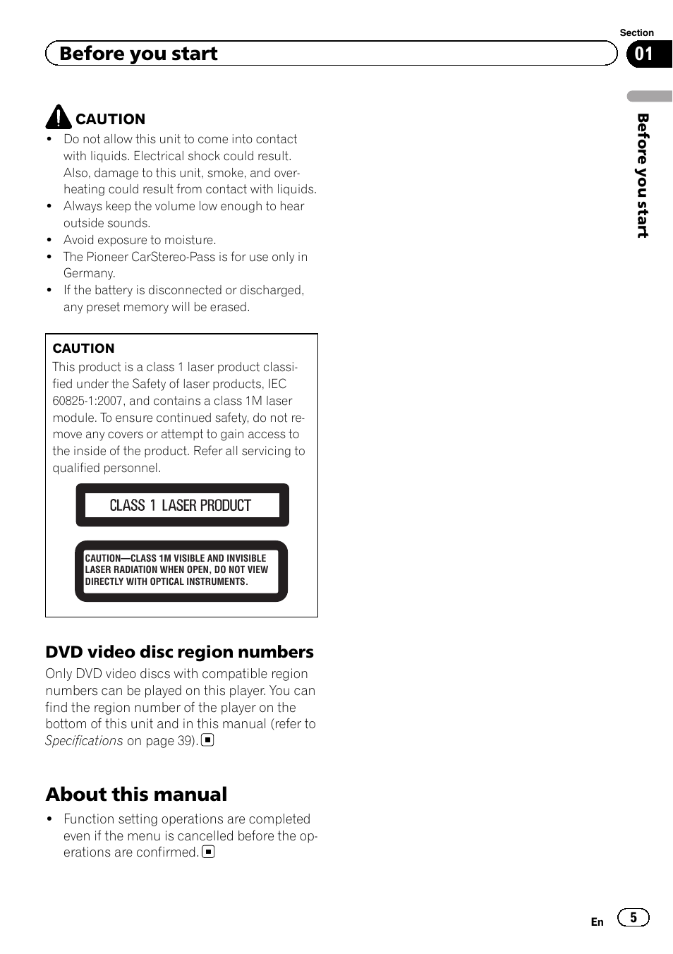 Dvd video disc region numbers 5, About this manual, Before you start | Dvd video disc region numbers | Pioneer DVH-330UB User Manual | Page 5 / 40