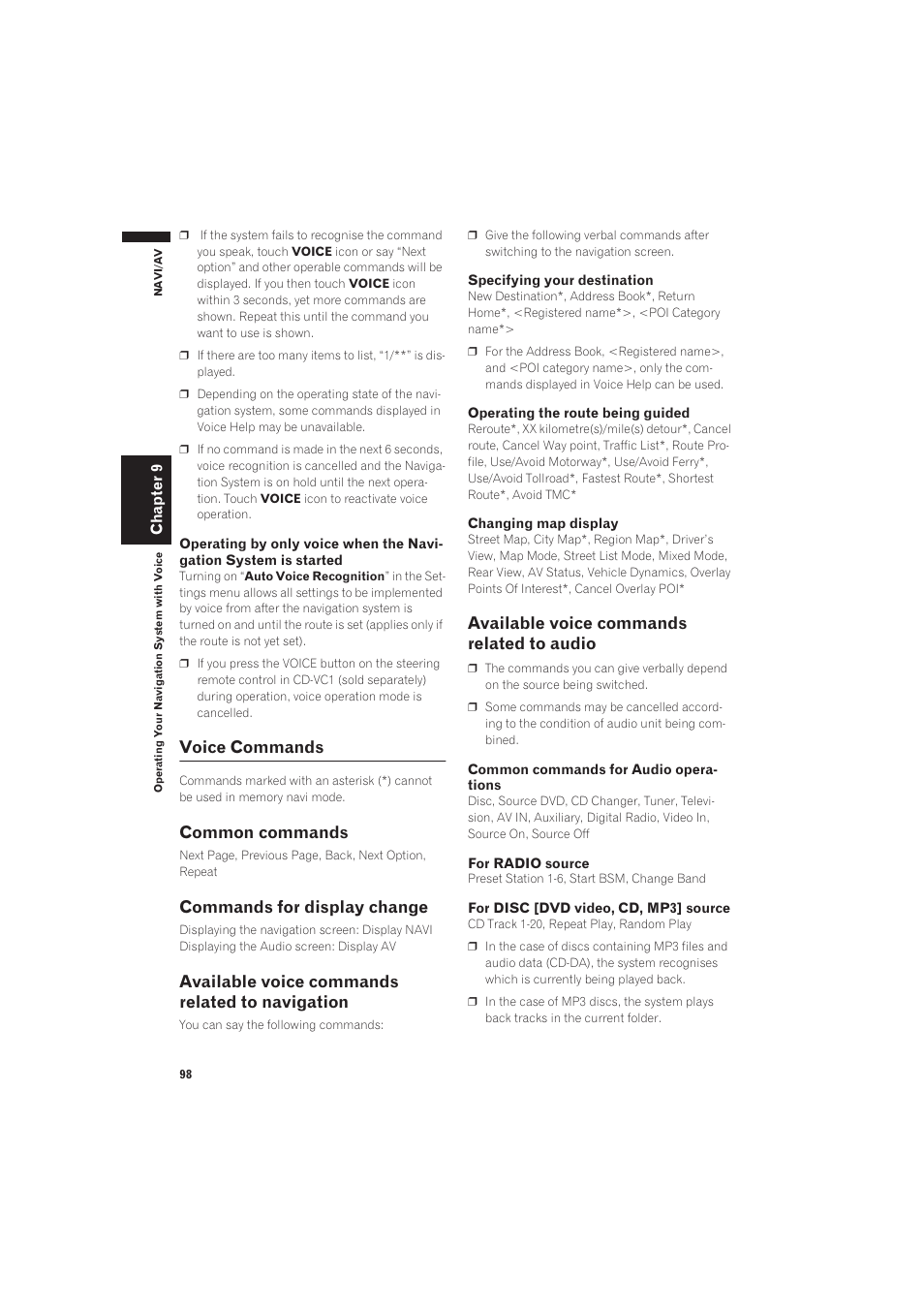 Voice commands, Common commands 98 commands for display change, Common commands | Commands for display change, Available voice commands related to navigation, Available voice commands related to audio | Pioneer AVIC-X1 User Manual | Page 100 / 125