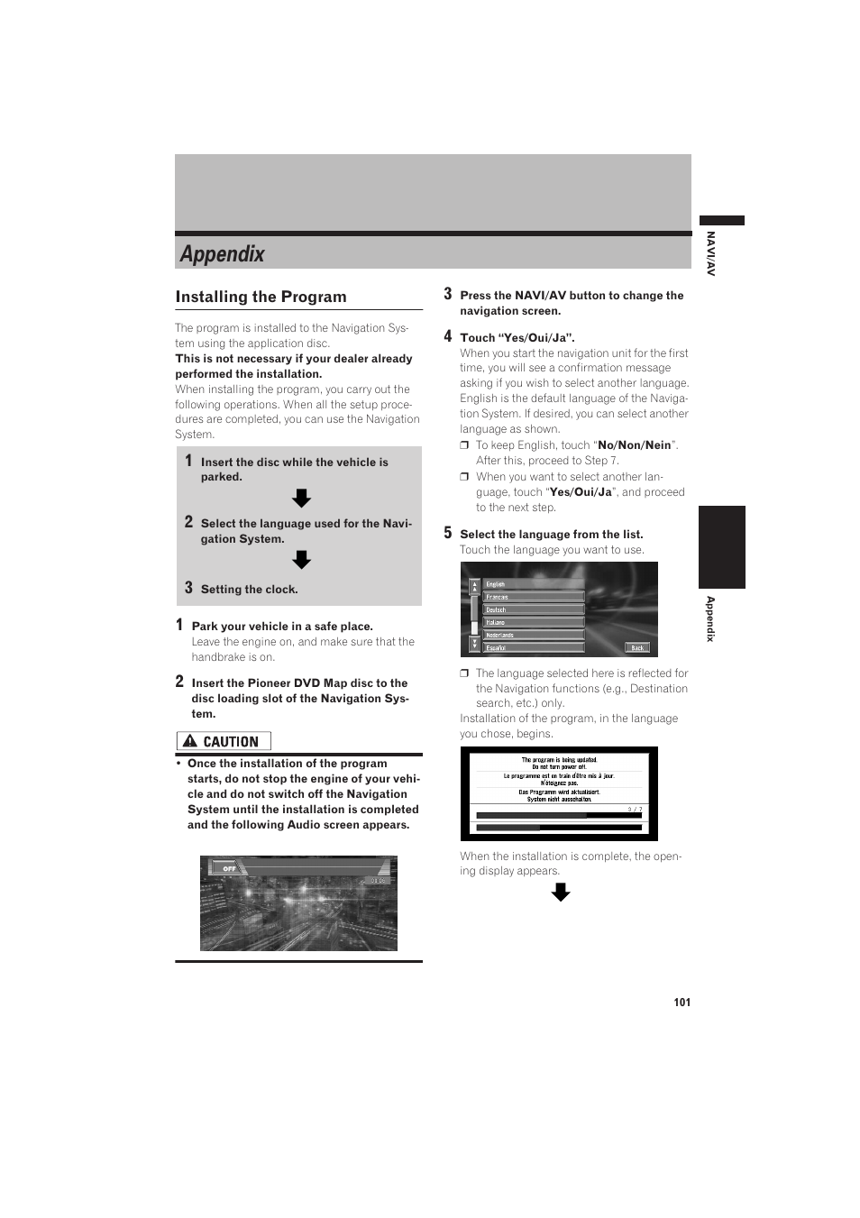 Appendix, Installing the program, 101 and install the program | Pioneer AVIC-X1 User Manual | Page 103 / 125