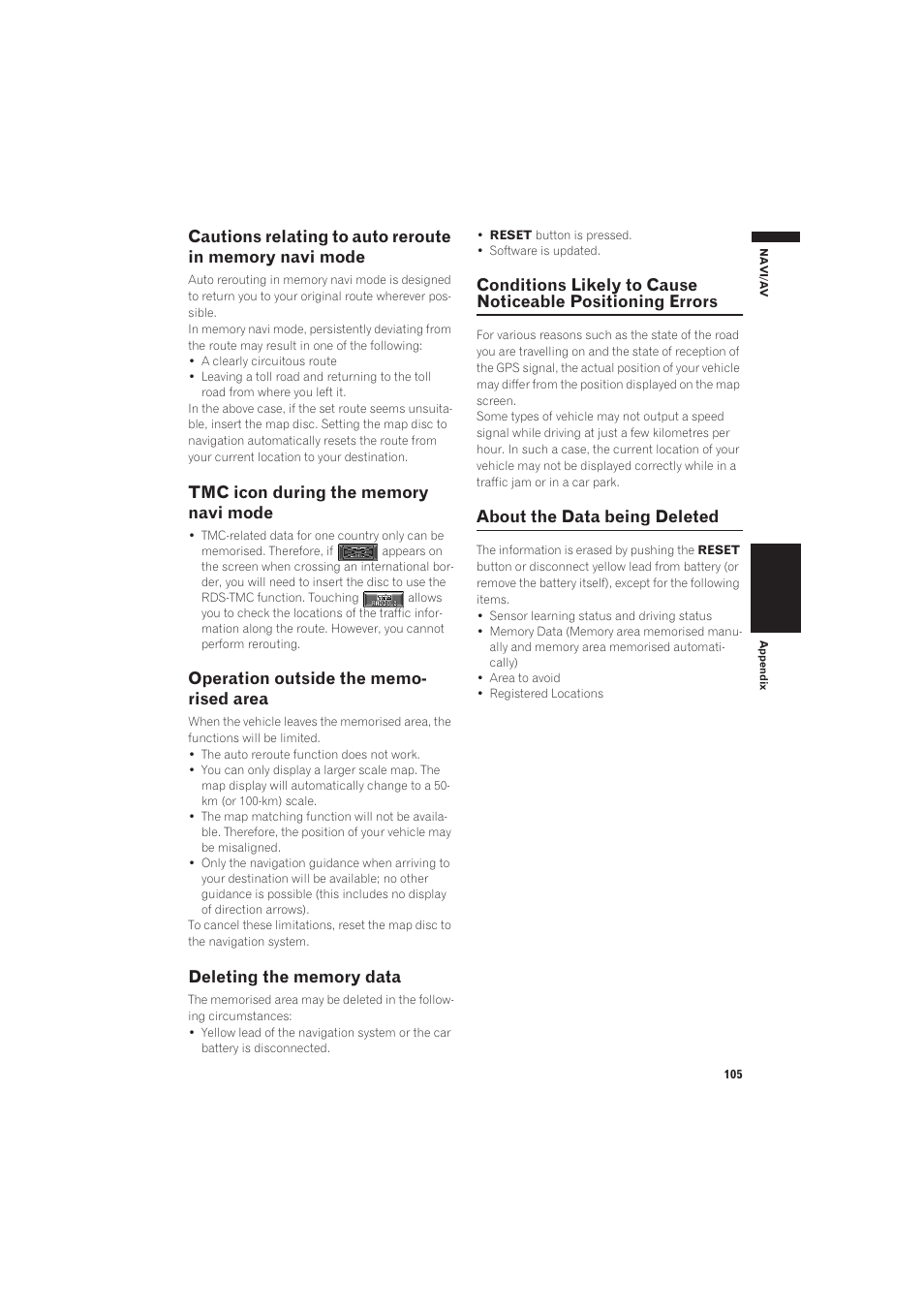 Deleting the memory data, Conditions likely to cause noticeable positioning, Errors 105 | About the data being deleted 105, About the data being deleted | Pioneer AVIC-X1 User Manual | Page 107 / 125