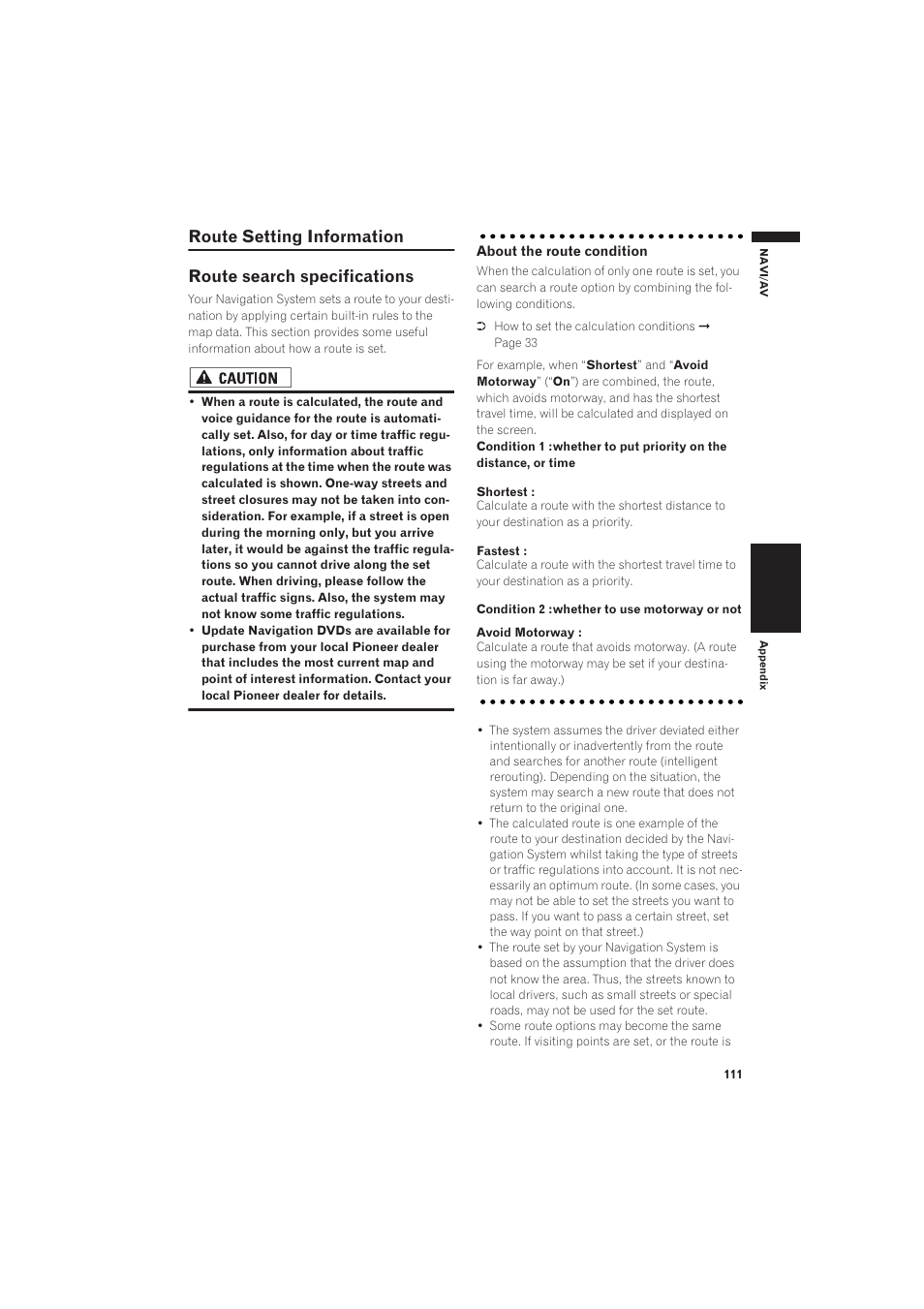 Route setting information 111, Route search specifications | Pioneer AVIC-X1 User Manual | Page 113 / 125