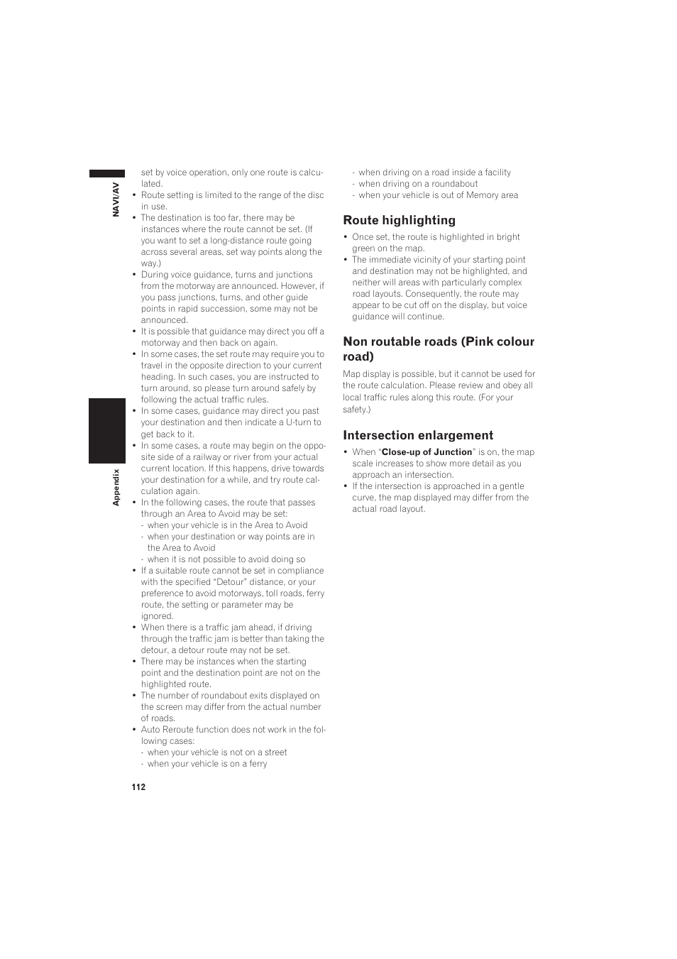 Intersection enlargement, Route highlighting, Non routable roads (pink colour road) | Pioneer AVIC-X1 User Manual | Page 114 / 125