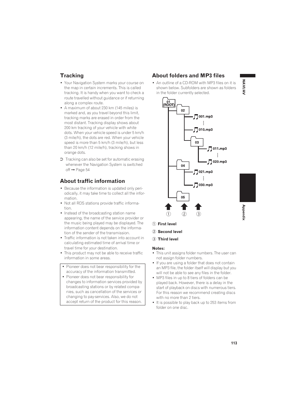 Tracking, About traffic information, About folders and mp3 files | Pioneer AVIC-X1 User Manual | Page 115 / 125