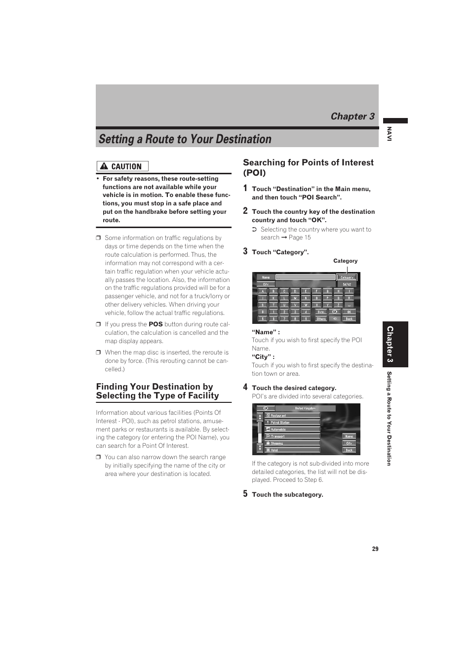 Chapter 3, Setting a route to your destination, Finding your destination by selecting the type of | Facility, Searching for points of interest (poi), Other search methods ➞ chapter 3 | Pioneer AVIC-X1 User Manual | Page 31 / 125