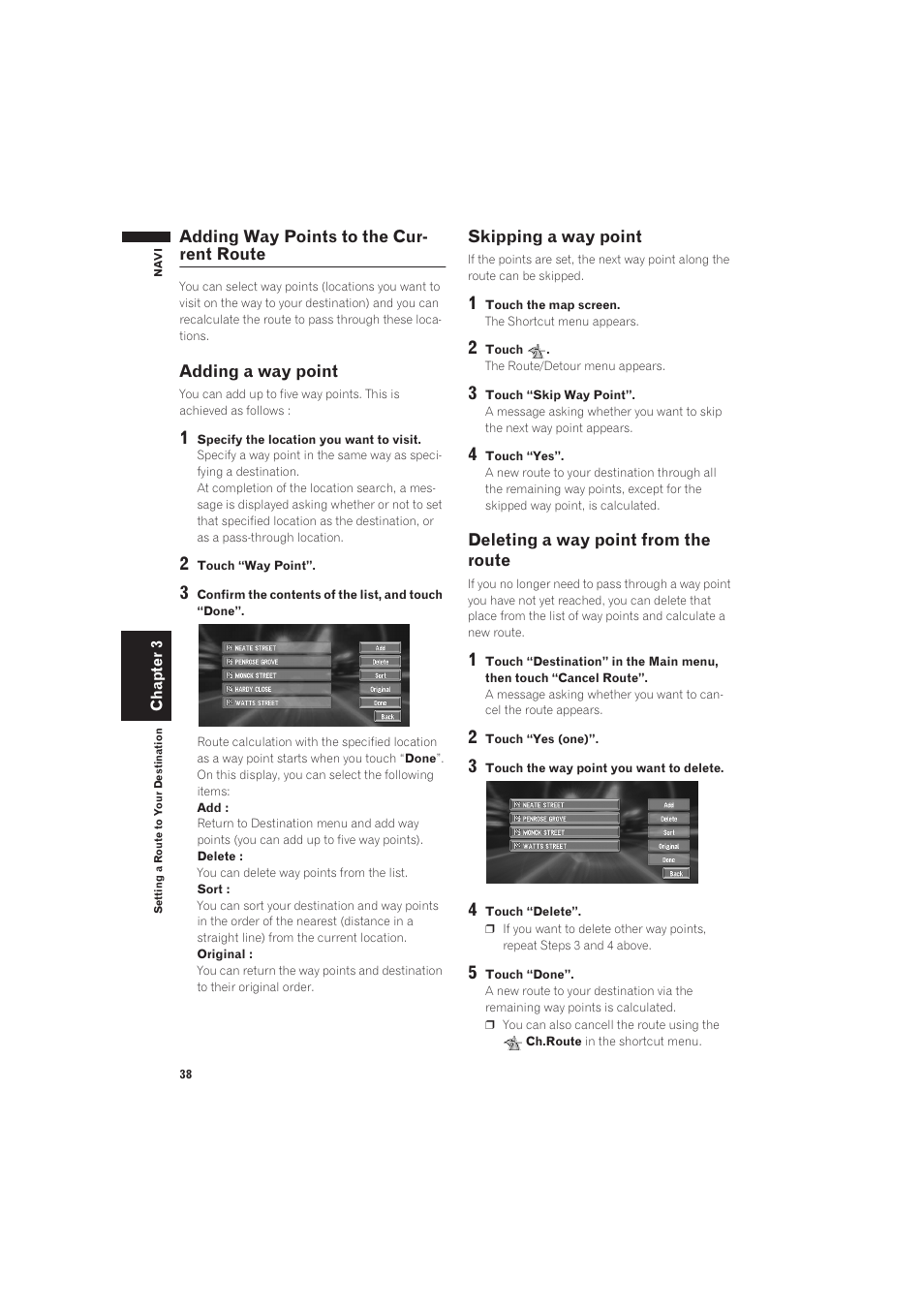 Adding way points to the current route, Adding a way point, Skipping a way point | Deleting a way point from the route | Pioneer AVIC-X1 User Manual | Page 40 / 125