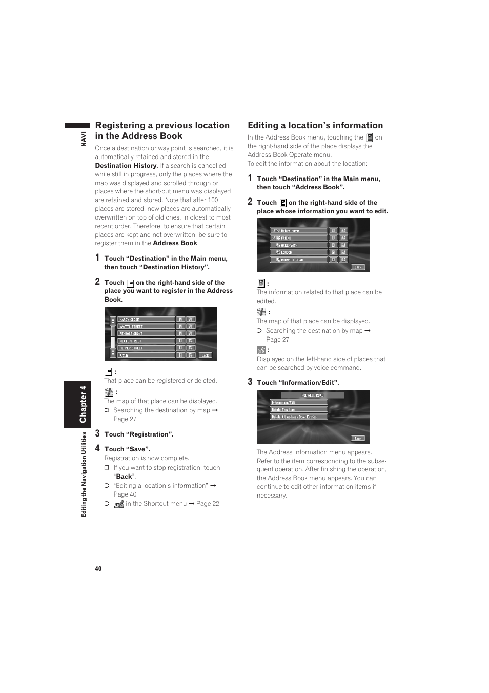 Registering a previous location in the ad, Editing a location’s information | Pioneer AVIC-X1 User Manual | Page 42 / 125