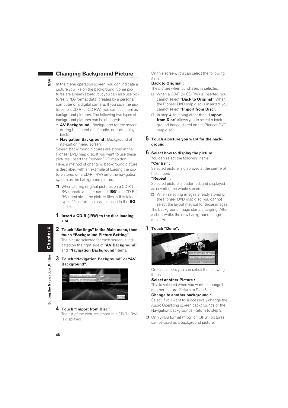 Changing background picture | Pioneer AVIC-X1 User Manual | Page 50 / 125
