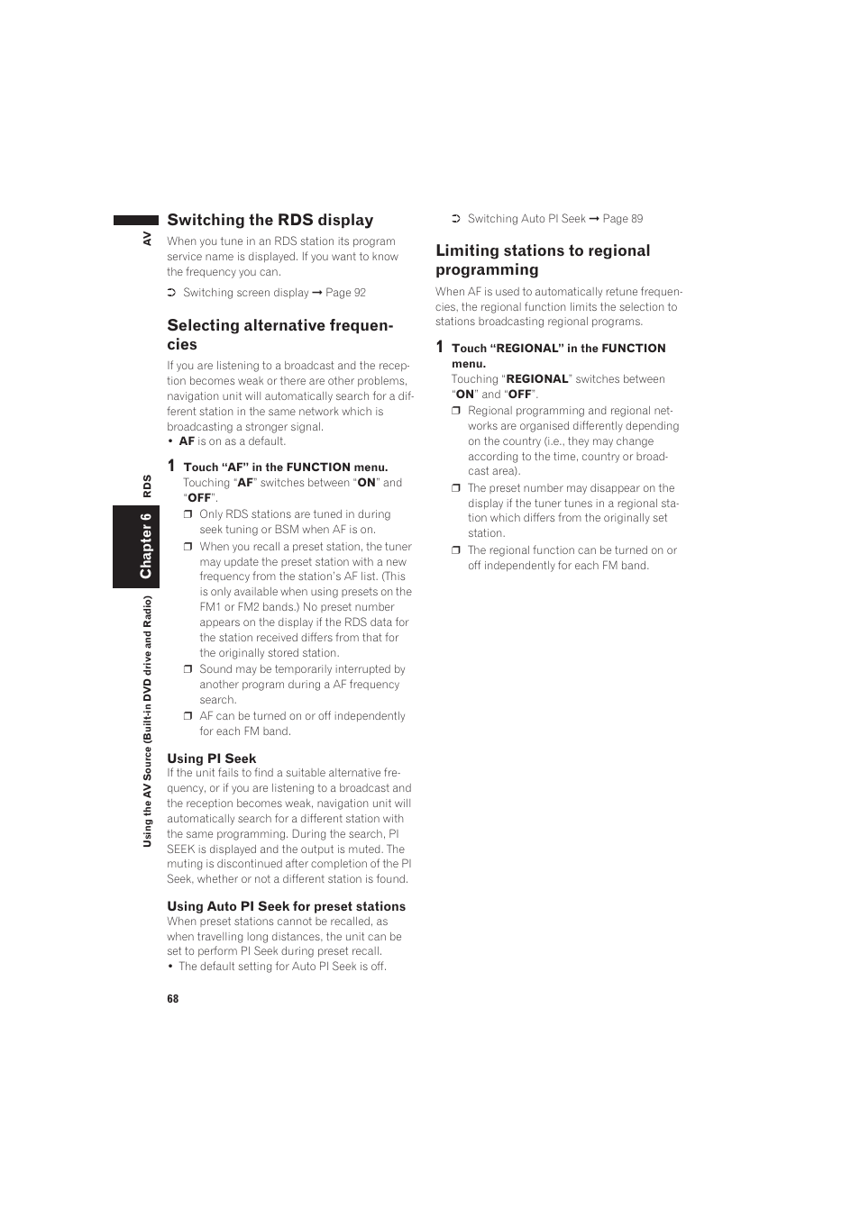 Switching the rds display, Selecting alternative frequencies, Limiting stations to regional programming | Selecting alternative frequen- cies | Pioneer AVIC-X1 User Manual | Page 70 / 125