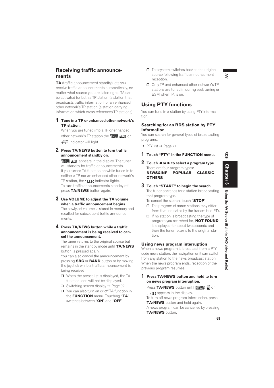 Receiving traffic announcements, Using pty functions, Receiving traffic announce- ments | Pioneer AVIC-X1 User Manual | Page 71 / 125