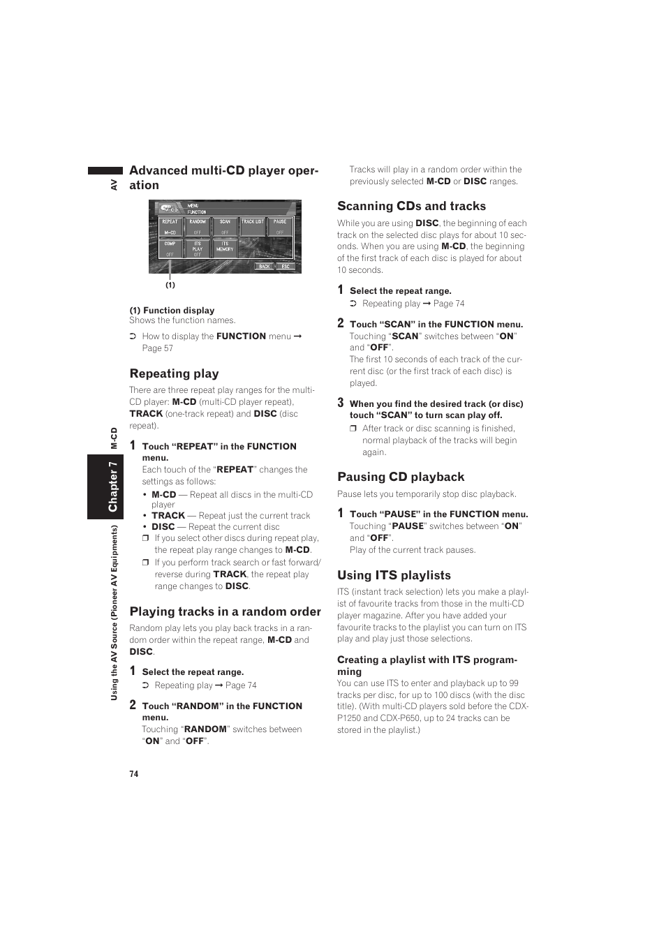 Advanced multi-cd player operation, Repeating play, Playing tracks in a random order | Scanning cds and tracks, Pausing cd playback, Using its playlists | Pioneer AVIC-X1 User Manual | Page 76 / 125