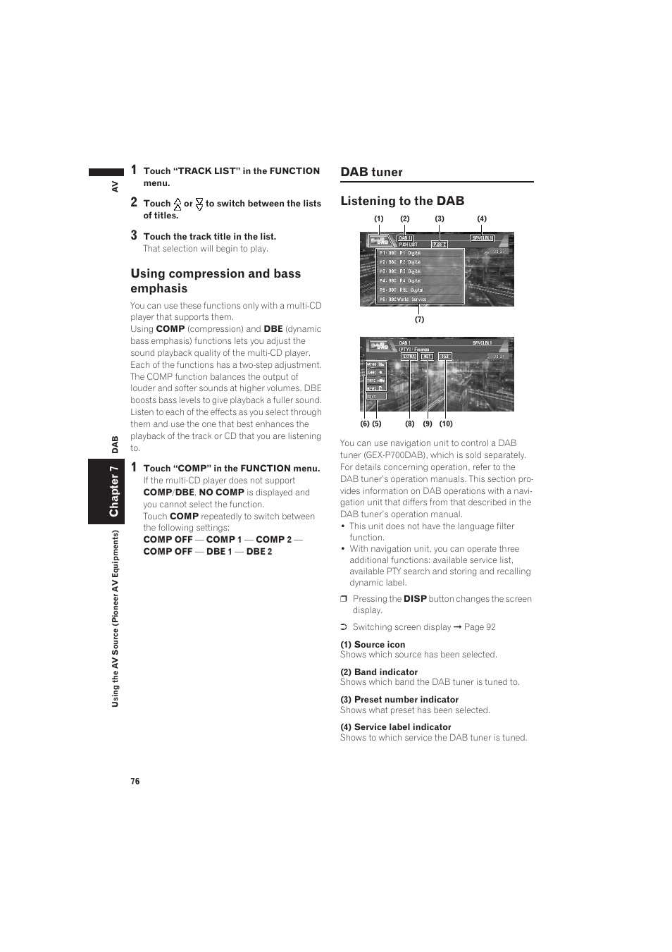 Using compression and bass emphasis, Dab tuner, Listening to the dab | Dab tuner listening to the dab | Pioneer AVIC-X1 User Manual | Page 78 / 125
