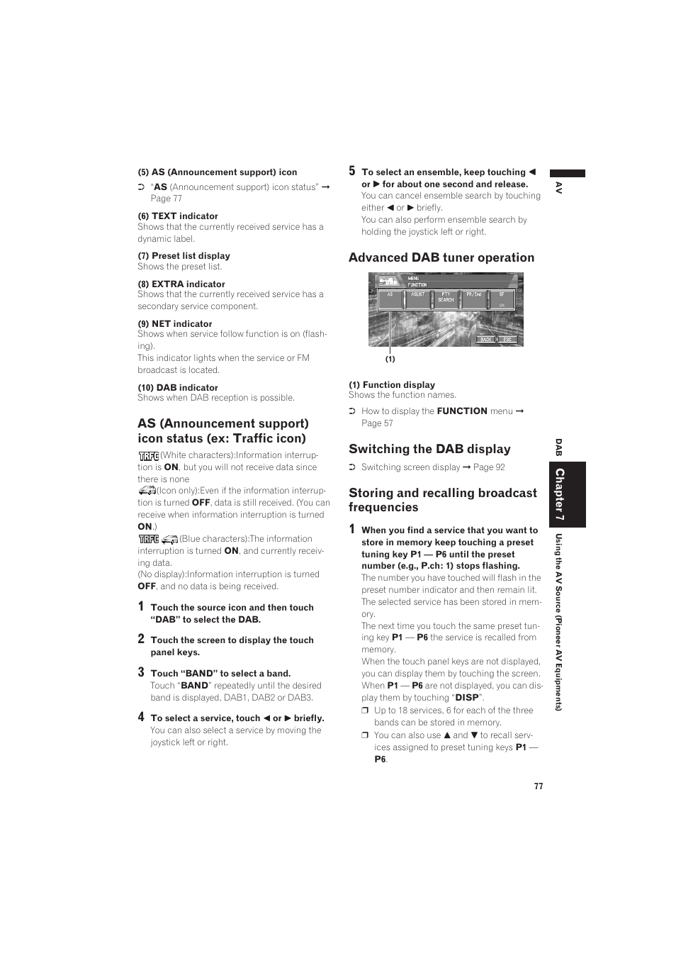 As (announcement support) icon status (ex, Advanced dab tuner operation, Switching the dab display | Storing and recalling broadcast frequencies | Pioneer AVIC-X1 User Manual | Page 79 / 125