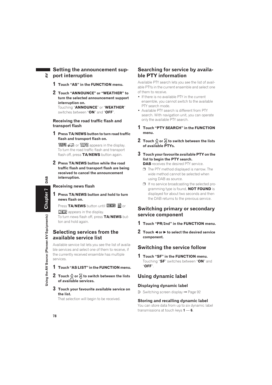 Setting the announcement support interruption, Selecting services from the available service list, Searching for service by available pty | Switching primary or secondary service component, Switching the service follow, Using dynamic label | Pioneer AVIC-X1 User Manual | Page 80 / 125