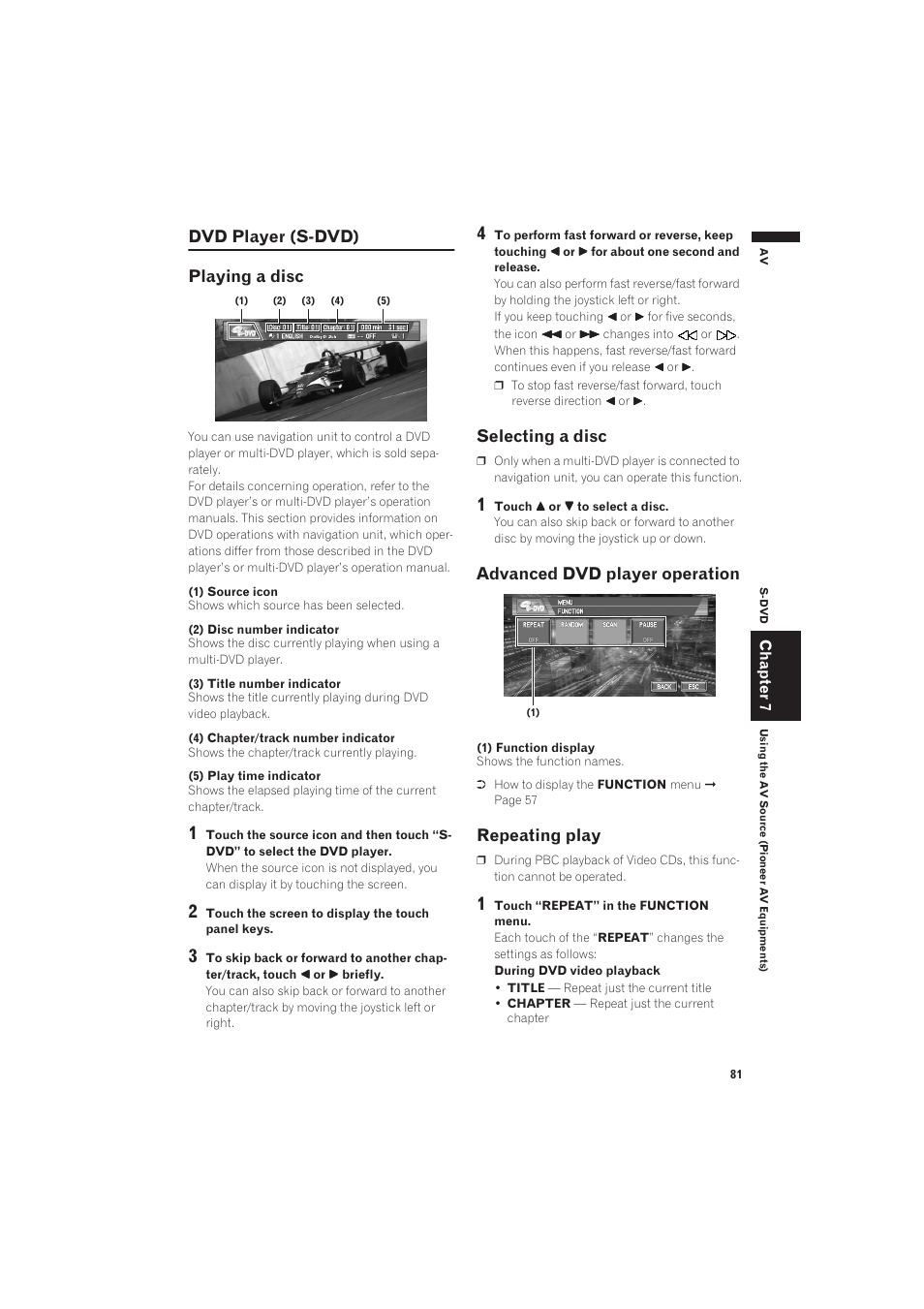 Dvd player (s-dvd), Playing a disc, Selecting a disc | Advanced dvd player operation, Repeating play, Dvd player (s-dvd) playing a disc | Pioneer AVIC-X1 User Manual | Page 83 / 125